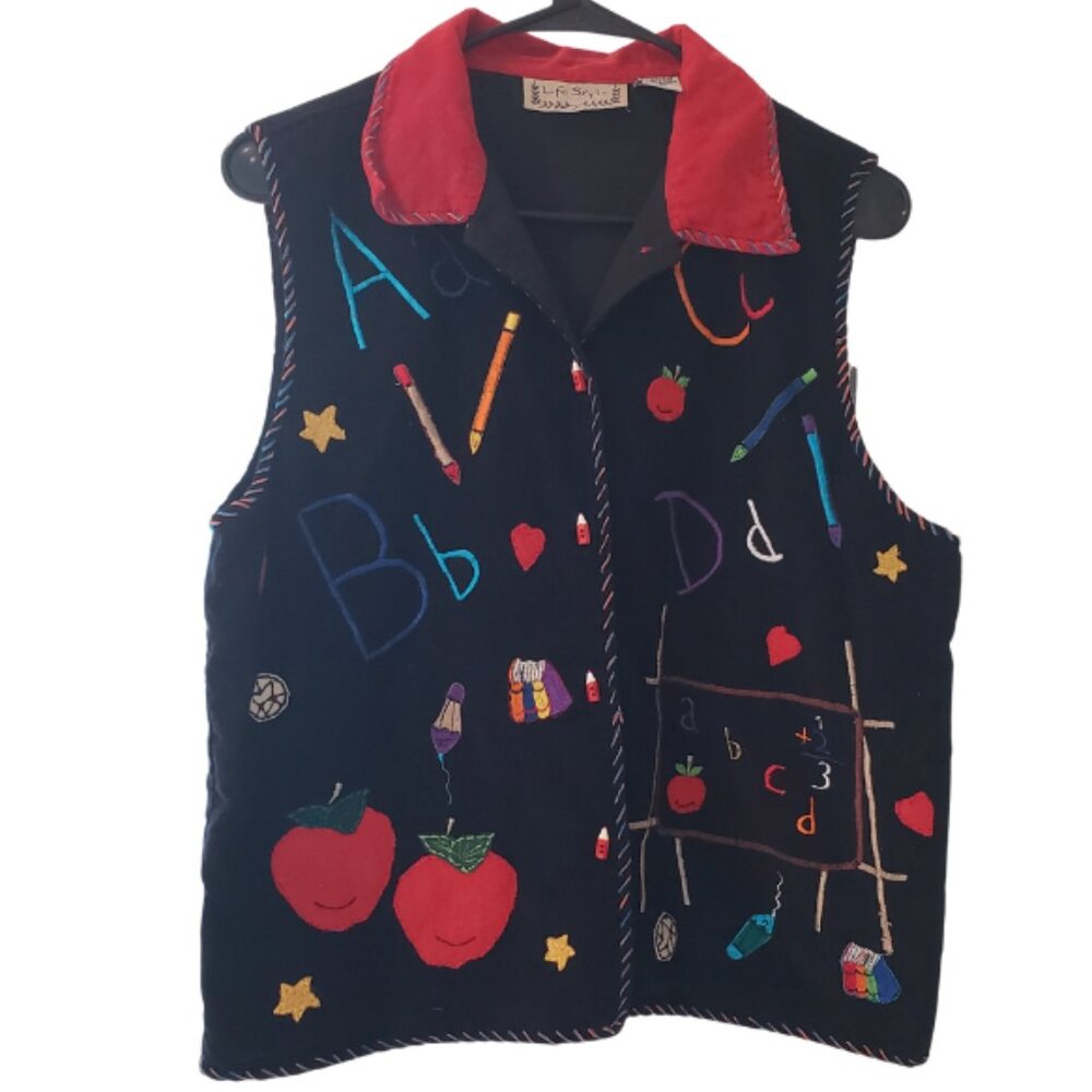 90s vintage corduroy teacher vest whimsical embroidered sz M